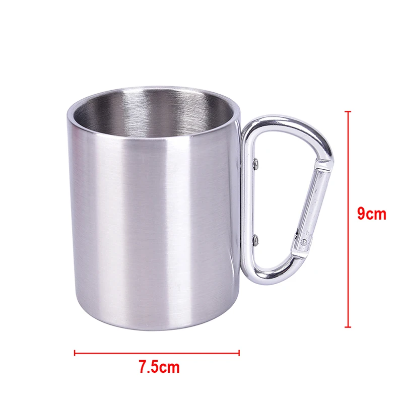 Outdoor Cup 300ml 9x7.5cm Stainless Steel Cup Camping Traveling Double Wall Mug With Carabiner Hook Handle