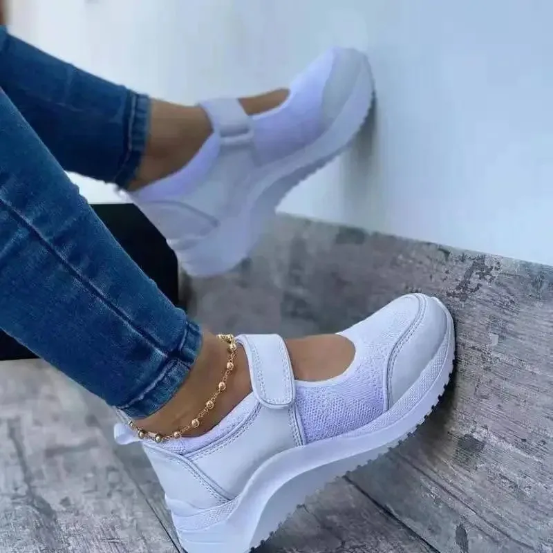 Round Head Knitted Women's Thick Sole Single Shoes Women's Large Size 36-43 Grid Casual Women's Shoes Sneakers Women