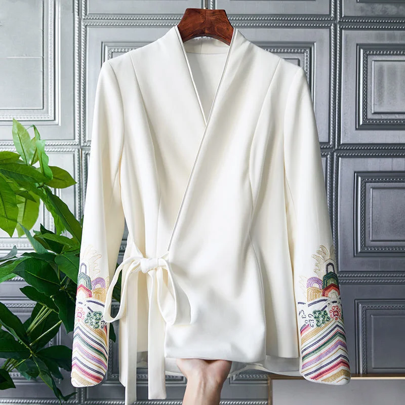 

V-neck Vintage Womens Shirt Spring New Elegant Patchwork Embroidered Chinese Luxury Lace Up Outwear Fashion Tops Shirts White