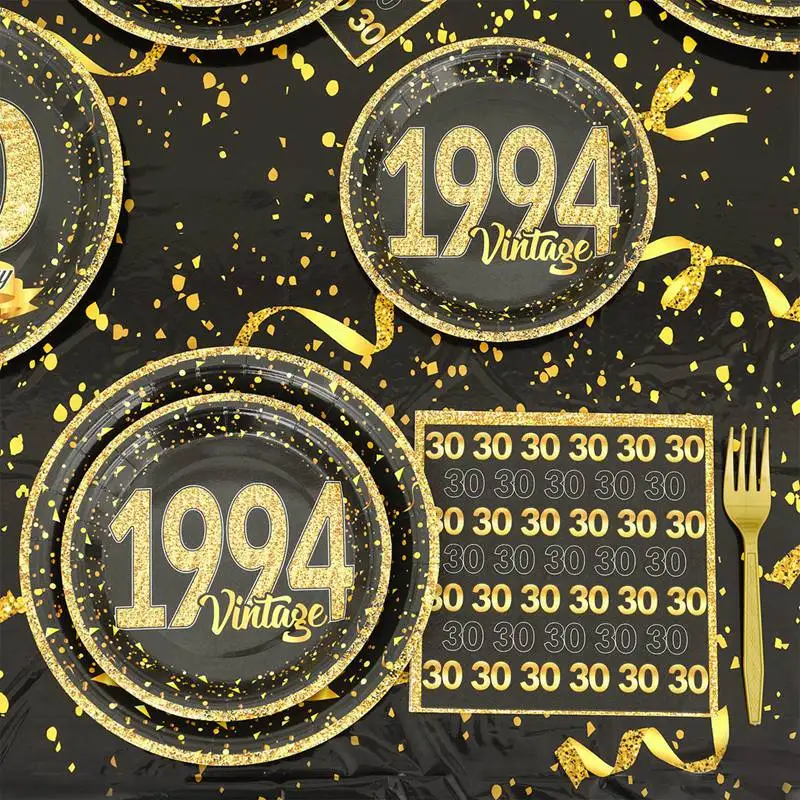 30 Jahre Geburtstagsparty-Geschirr, Schwarzgold, Einweg-Pappteller, Servietten, 30. 40. 50. Partyzubehör, Jubiläum – Detail 2