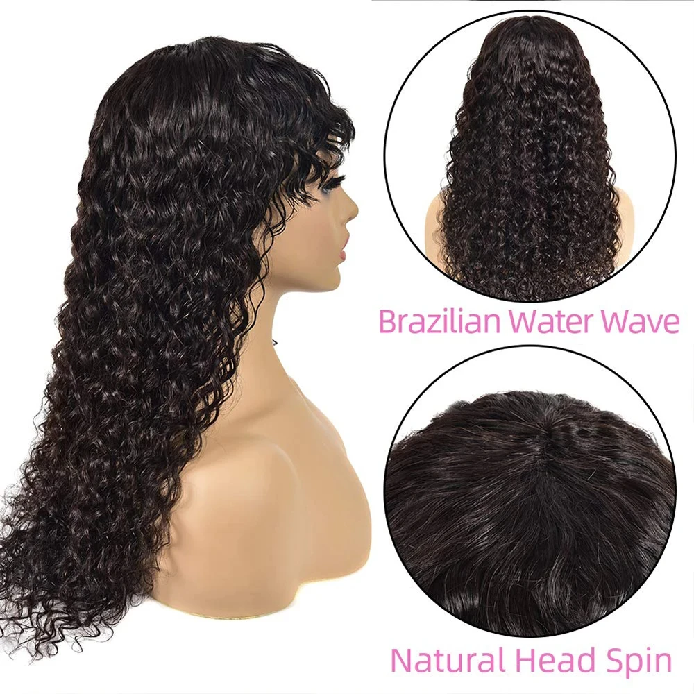 Parrucche di capelli umani ricci con frangia, parrucca brasiliana a onda d'acqua, interamente realizzata a macchina, pre-pizzicata, pronta da indossare, senza colla, per donne. - immagine 3