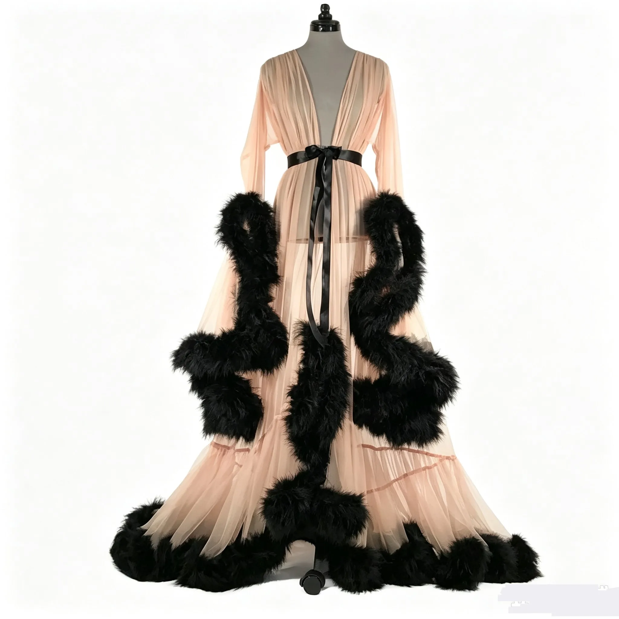 Sexy Feather Perspective Flared Sleeve Trailing Long Dress with Multiple Colors Available Mesh Women's Loose Pregnant Dress