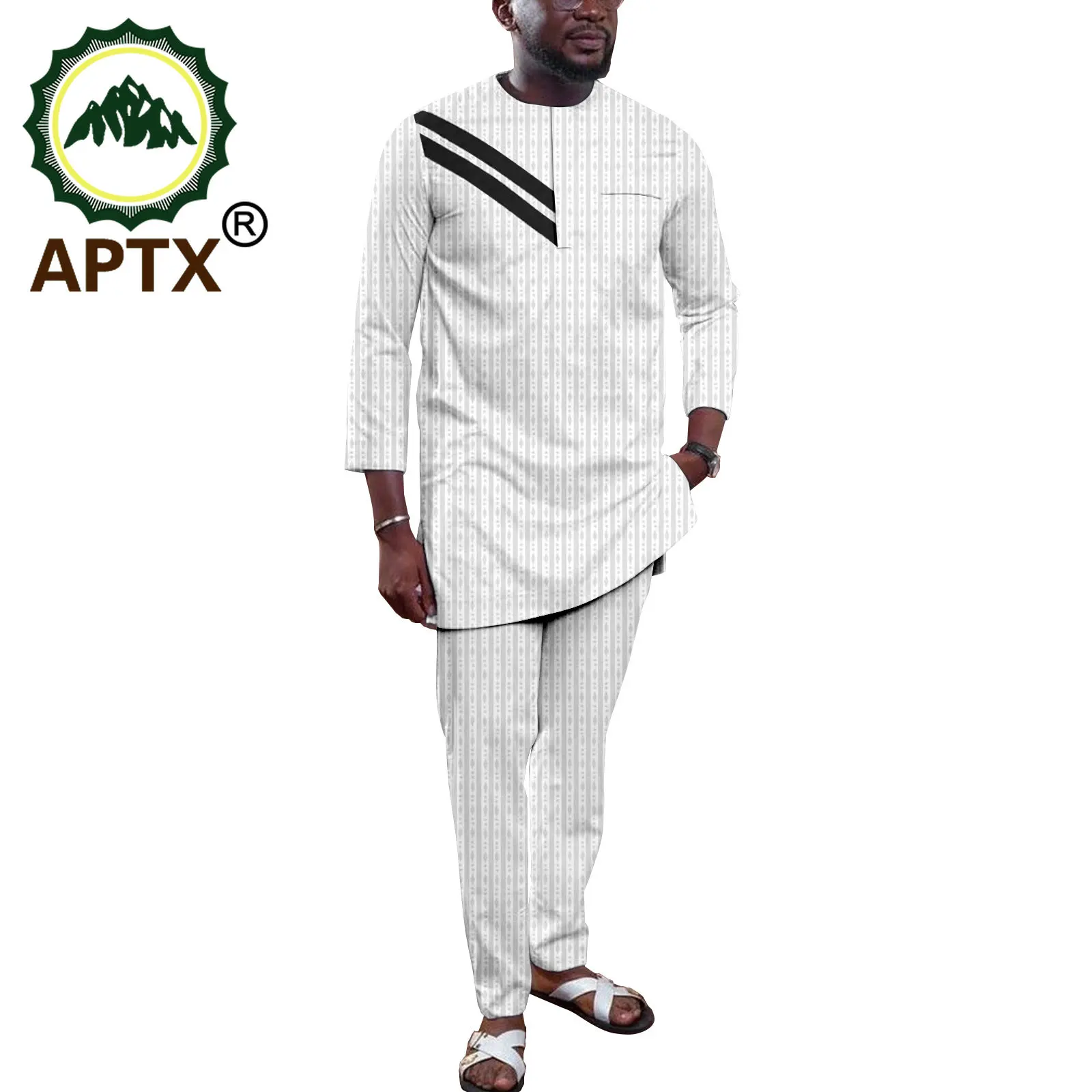 APTX African Dashiki Set for Men Three Quarter Sleeves Top Full Length Pants 2 Pieces Casual Suit TA2216149