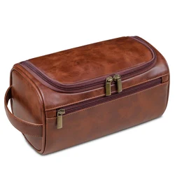 Premium Leather Travel Toiletry Bag - Unisex Hanging Dopp Kit and Large Cosmetic Organizer - 25x13x13CM (Red Brown)