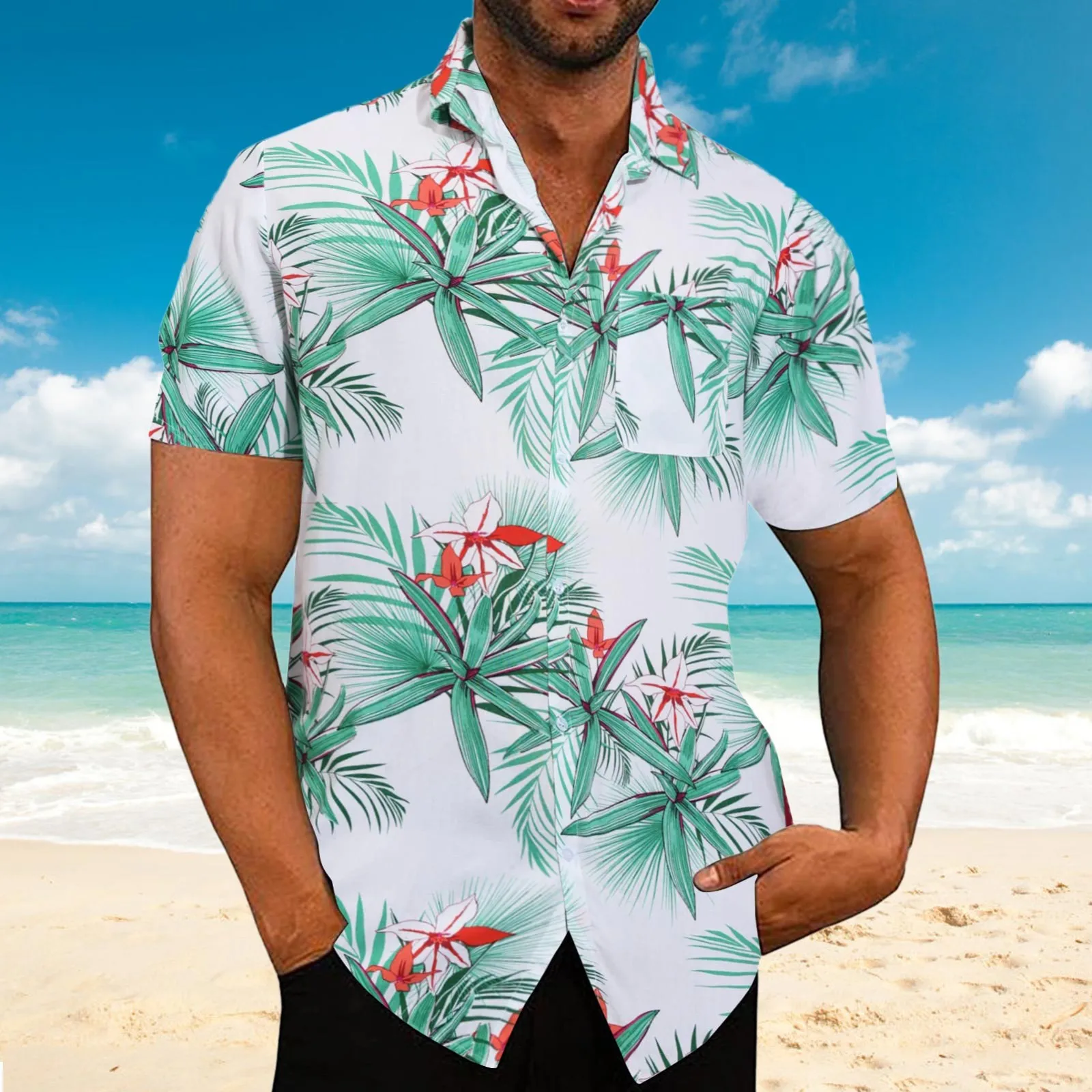 Mens Hawaiian Beach Shirts Summer Grass Printed Short Sleeve Turn Down Collar Blouses Oversized Beach Holiday Loose Shirts Male