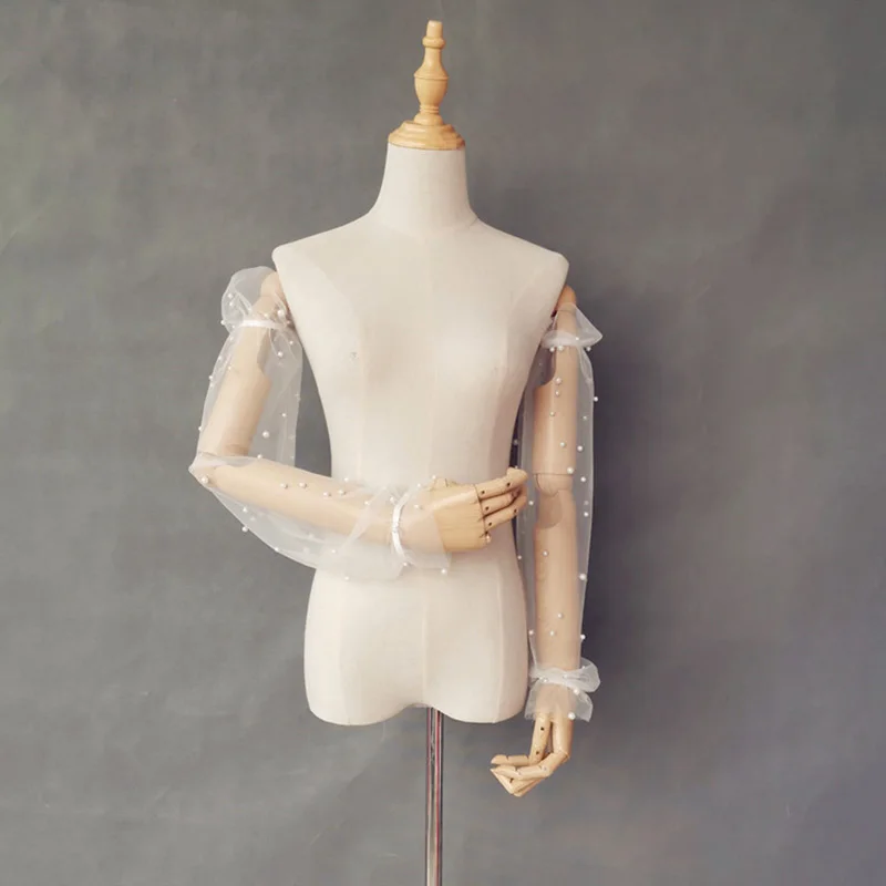 

Wedding Sleeves White Pearls Long Sleeve Removable Sleeves Wedding Arm Cover Decorate Tulle for Woman Accessories Gloves 2022