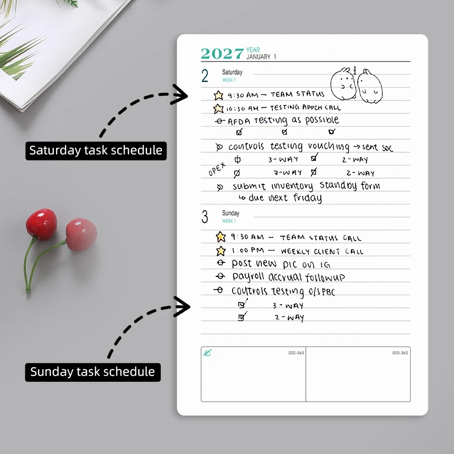 2027 365일 데일리 플래너 아젠다 노트북 시간 관리 일정표 저널 320페이지 주말 일정 한 페이지에 다채로운 컬러 오피스용
