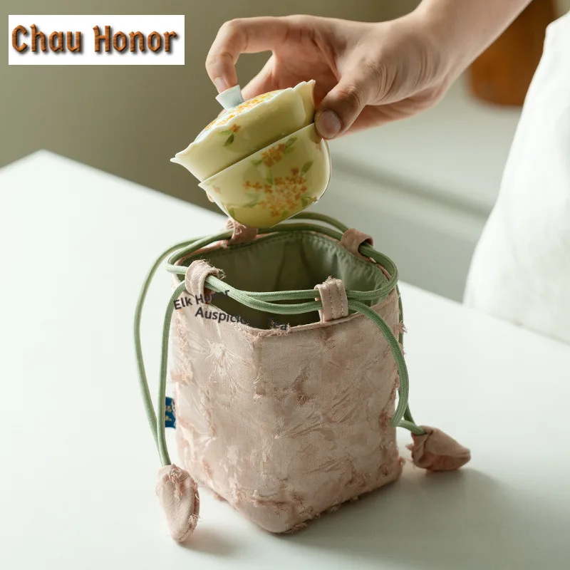 Hand-painted Osmanthus Flowers Travel Tea Set Kit Antique 1 Pot 1 Cups Tea Making Organizer Portable Picnic Tote Bag Supplies
