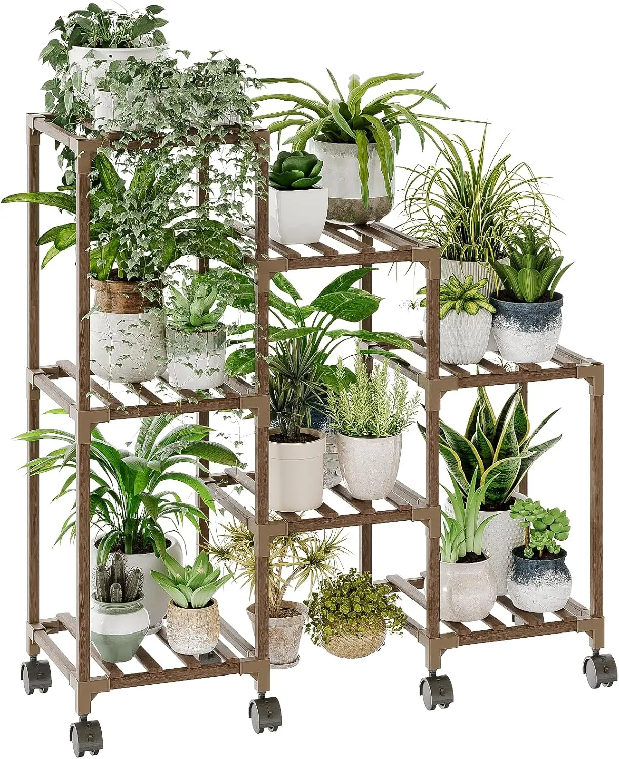 Plant Stand with Wheels for Indoor Plants Wood Tiered Shelf Ladder Plant Holder Table Pot Stand for Window Garden Balcony Patio 2