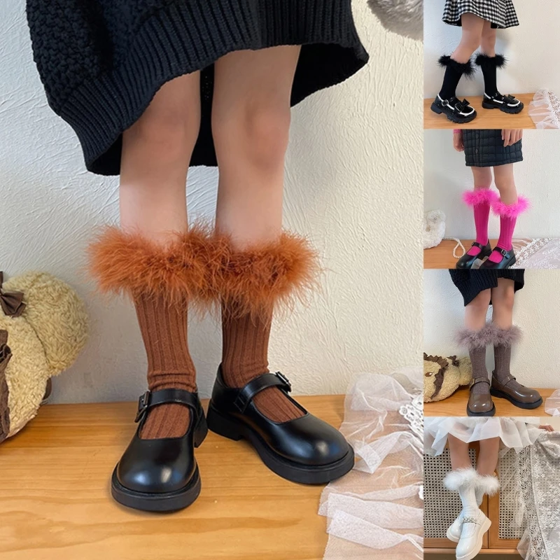 1 Pair Children's Feathered Socks Lace Trimmed Knee High Piled Up Socks for Daily Wear Parties and Dance Performances children knee high socks children items