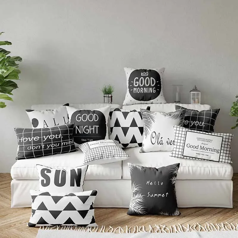 

Nordic English Letter Black and White Plaid Printed Velvet Pillow Case Home Living Room Sofa Decoration Cushion Cover