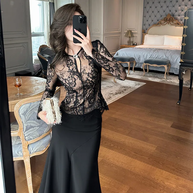 2023 Summer Hollow Out Lace Blouse Top and Midi Mermaid Skirt 