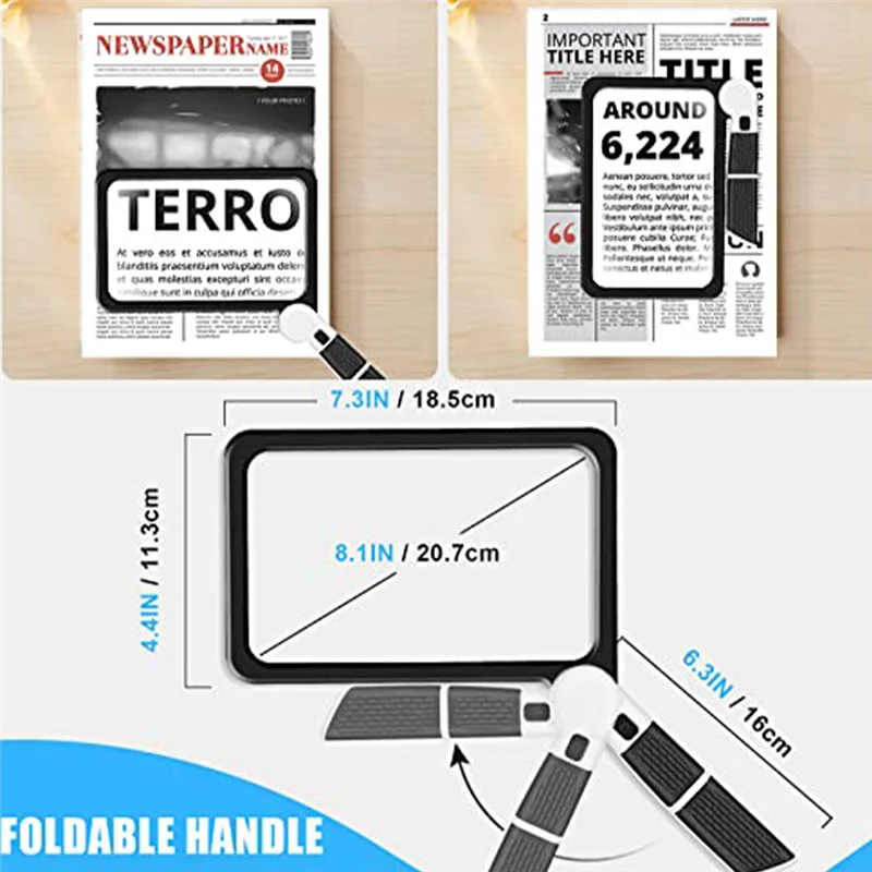 AC57-전체 페이지 5X 돋보기 독서용 직사각형 손잡이 돋보기, 48개의 LED 조명 포함