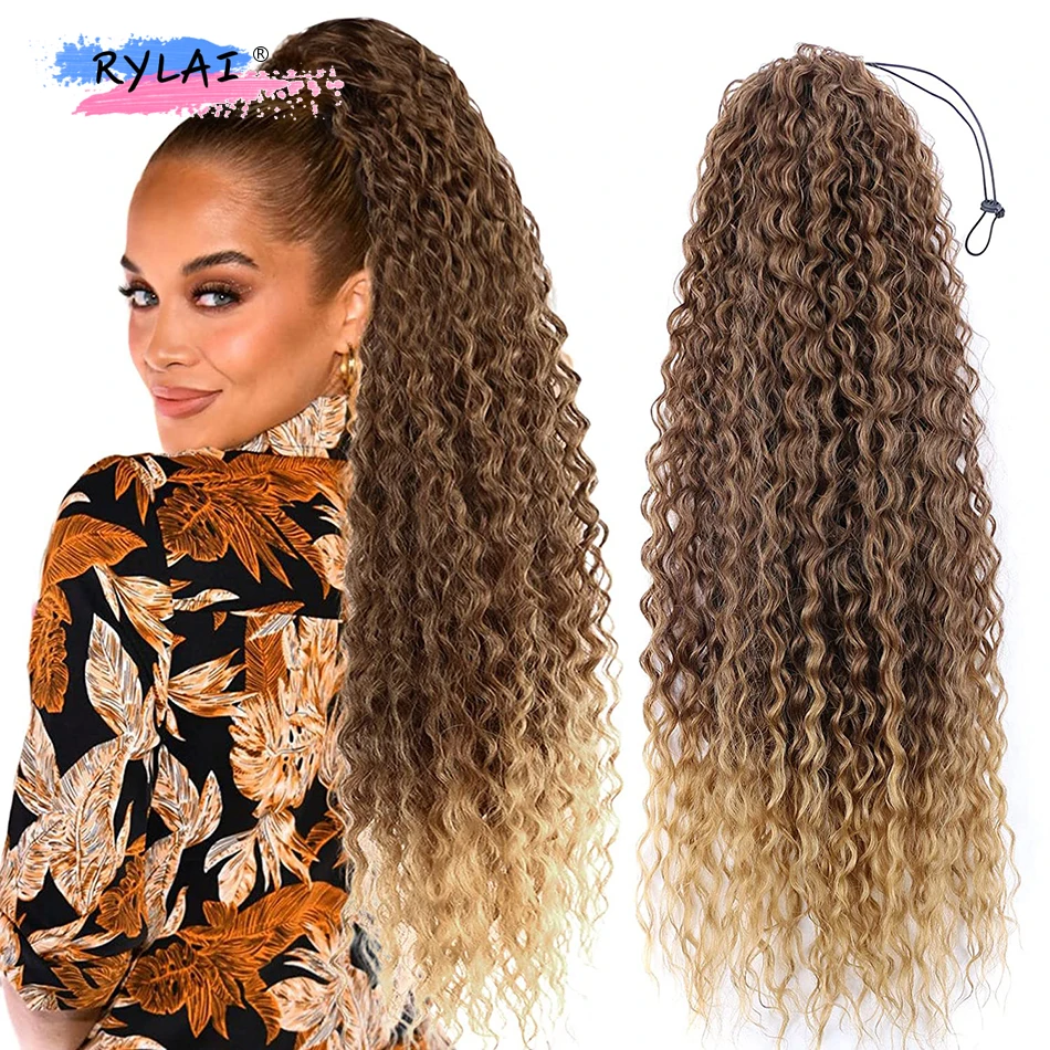 Long curly ponytail extensions synthetic horse tails curly false tail for women inch hairpiece ponytail hair