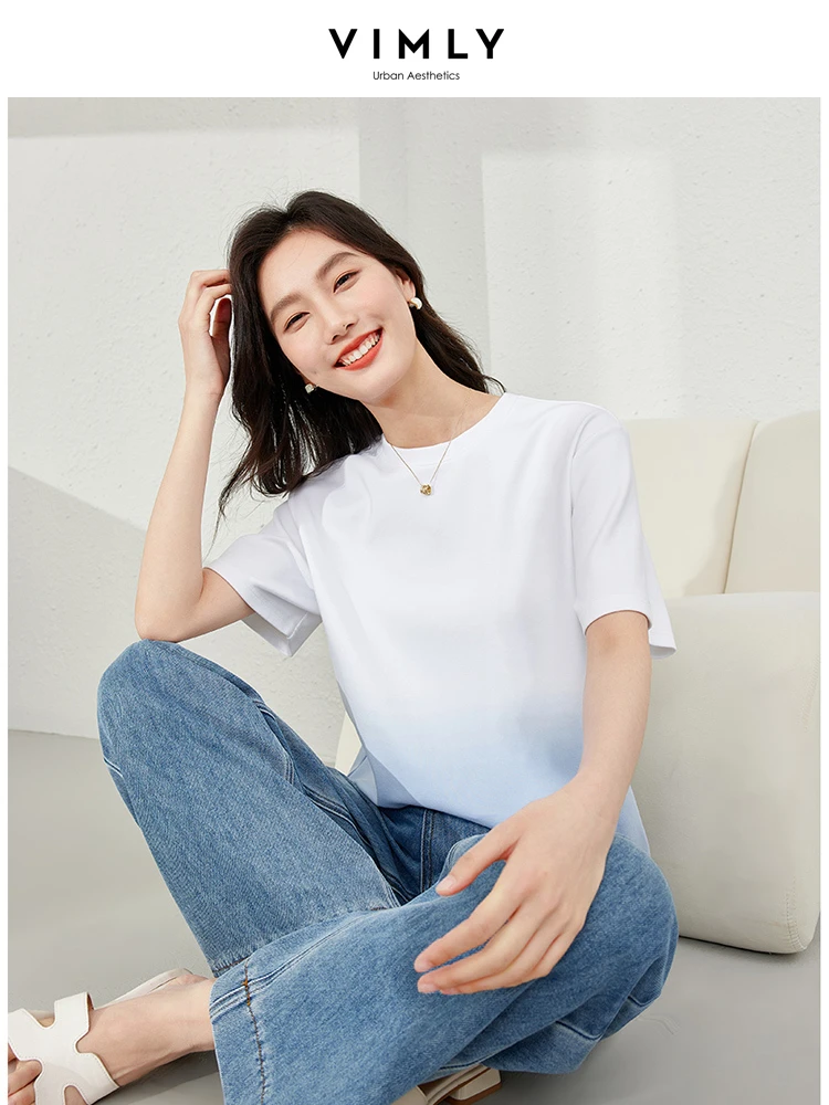 

Vimly Gradient Round Neck Short Sleeve T-shirt 2024 Summer Women's Tops New Casual Cotton Loose Ladies Pullovers Tshirt M6098