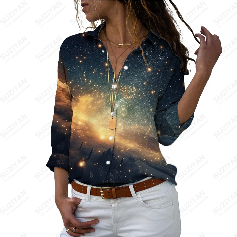 

Women's Spring and Autumn Long-sleeved Shirt Starry Sky 3D Printed Shirt Fashion Loose Lining Versatile Temperament Shirt