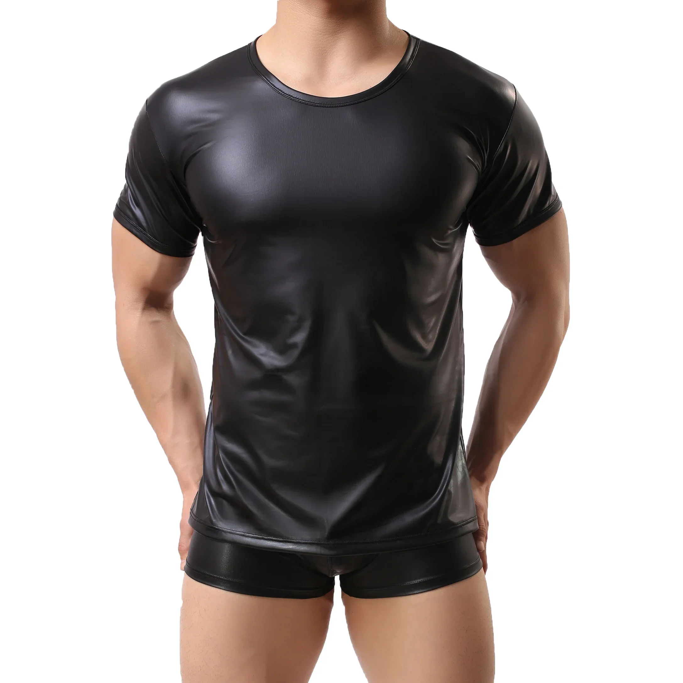 Mens PU Leather Short Sleeve T-shirt Sexy Latex Leather T-shirt Tops Boxer Shorts Underwear Stage Party Clubwear Men Clothes Set