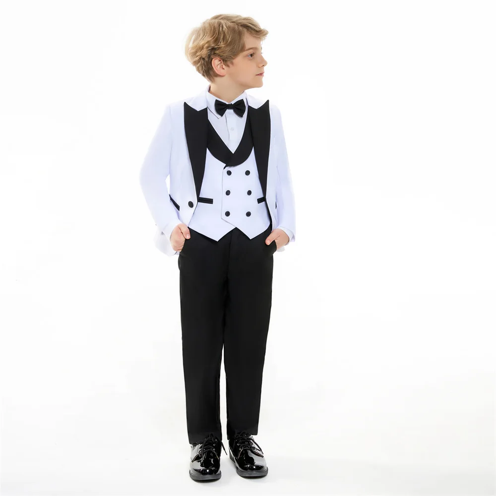 New Summer White Prom Suit for Boys 4 Piece Jacket Vest Pants Set Children Gift Peaked Lapel Blazer Kids Outfit Costume Birthday