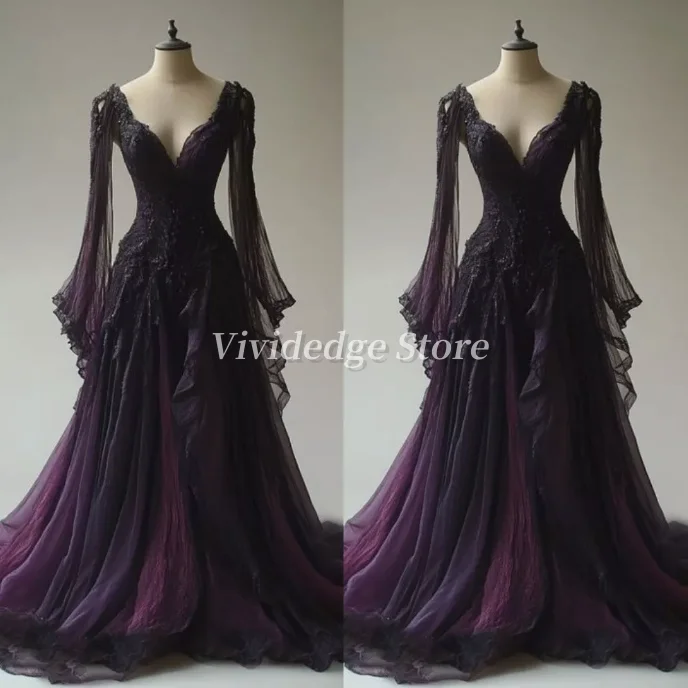 Customized Black Purple Gothic Wedding Long Sleeve V Neck Lace Applique ...