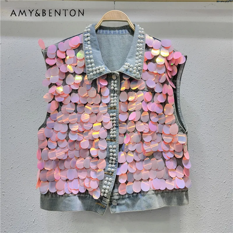 

2024 Spring Summer New Jeans Waistcoat Fashion Heavy Industry Beads Sequined Vest Female Loose Design Denim Jacket Top Female