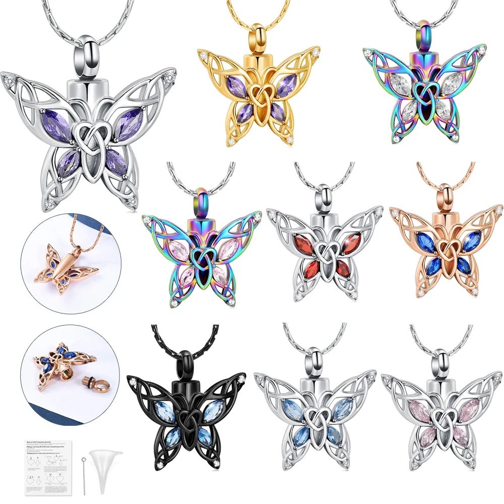 

Crystal Butterfly Memorial Pendant For Human/Pet Ashes Necklace Stainless Steel Mini Urns Customize Jewelry Keepsake Woman