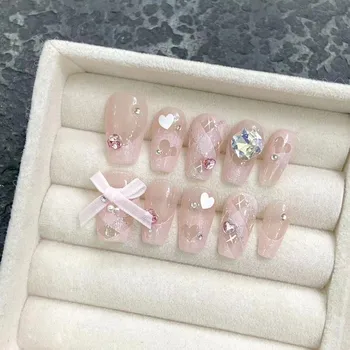 Sweet Luxury Shiny Rhinestone Handmade Wearable Nail Cute Sexy Bow Nail Art Striped Love Pink Short Fake Nails 1