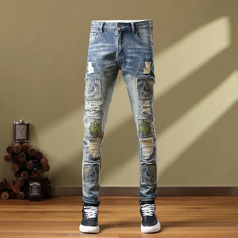 2023 New Embroidery Print Pattern Patch Ripped Beggar Patch Trendy Men's Jeans Korean  jeans for men  men jeans
