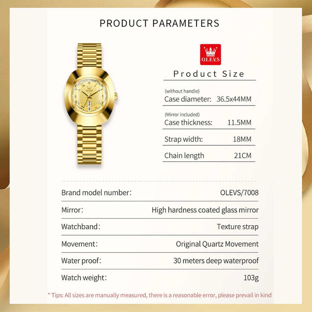 OLEVS Quartz Watch for Women Luxury Golden Tungsten Steel Women's Watch Waterproof Dual Calendar Diamond Inlay Wristwatch Reloj