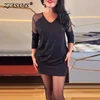 Women Sexy V Neck Sequin Party Dresses 2025 Spring Splicing Mesh Hollow Mini Dress New Autumn Long Sleeve Slim Hip Dress Vestido 1