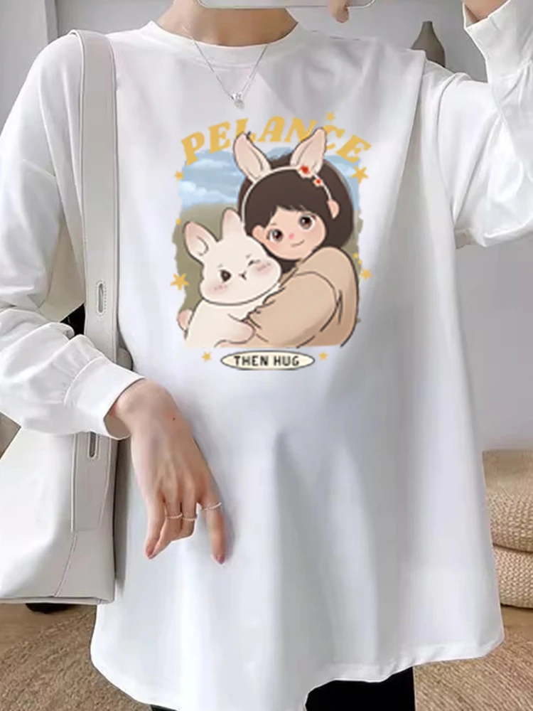 임산부 면 티셔츠 세트 여성용 루즈핏 긴팔 중간 길이 봄 가을 패셔너블 베이스 레이어 상하의