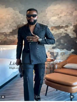 Metallo impreziosito gemma smoking uomo vestito perline blazer da ballo maschile 2 pezzi set sposo matrimonio doppio petto personalizzato Ropa hombre