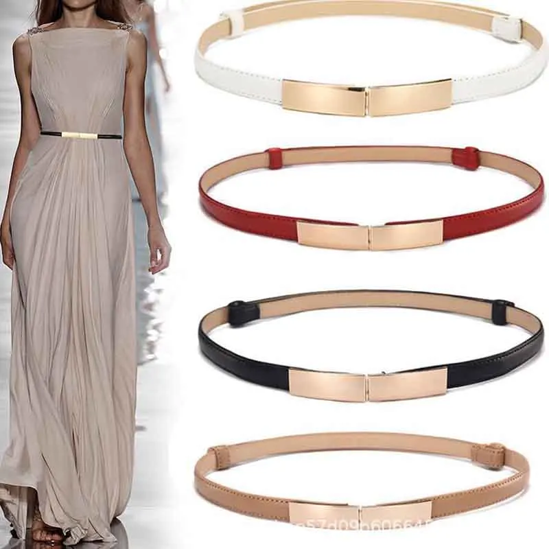 Belt dress simple versatile Fashion Women Leather Belt Thin Skinny Metal Gold Elastic Buckle Waistband Belt Dress Accessories