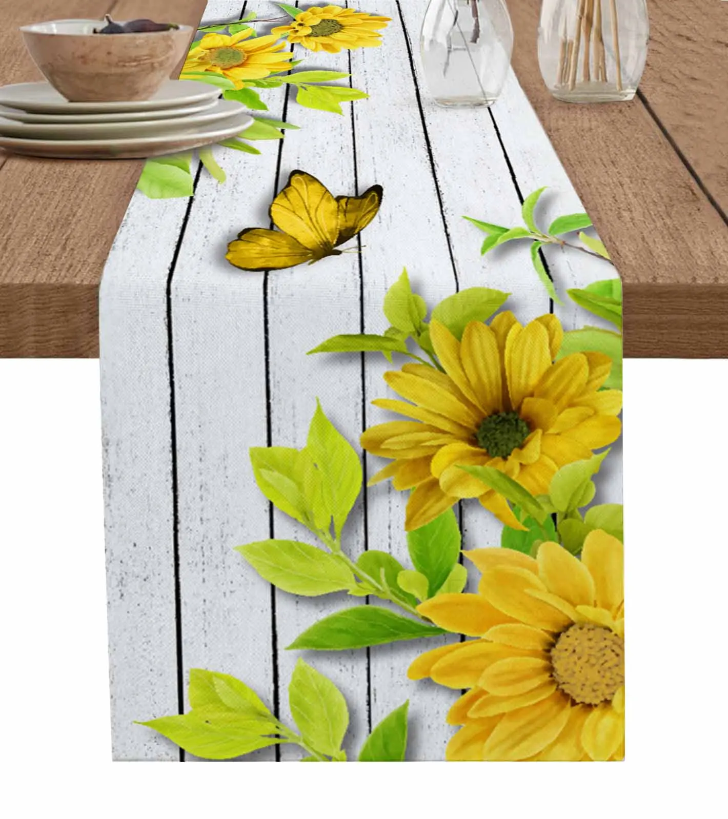 

Woodboard Butterfly Plant Sunflower Flower Table Runner For Kitchen Table Cover Home Decor Tablecloth 4/6 Pcs Placemats