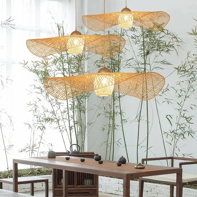 

Modern Chinese hand-made wicker hat, bamboo lamp, wicker chandelier in living room, hotel and restaurant, E27 handmade lamp