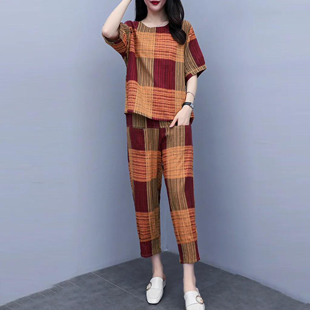 

Two Piece Set For Women Round Neck Loose Plaid Short Sleeve Tops With High Waisted Straight Leg Pants Suits 2024 Summer New Wear