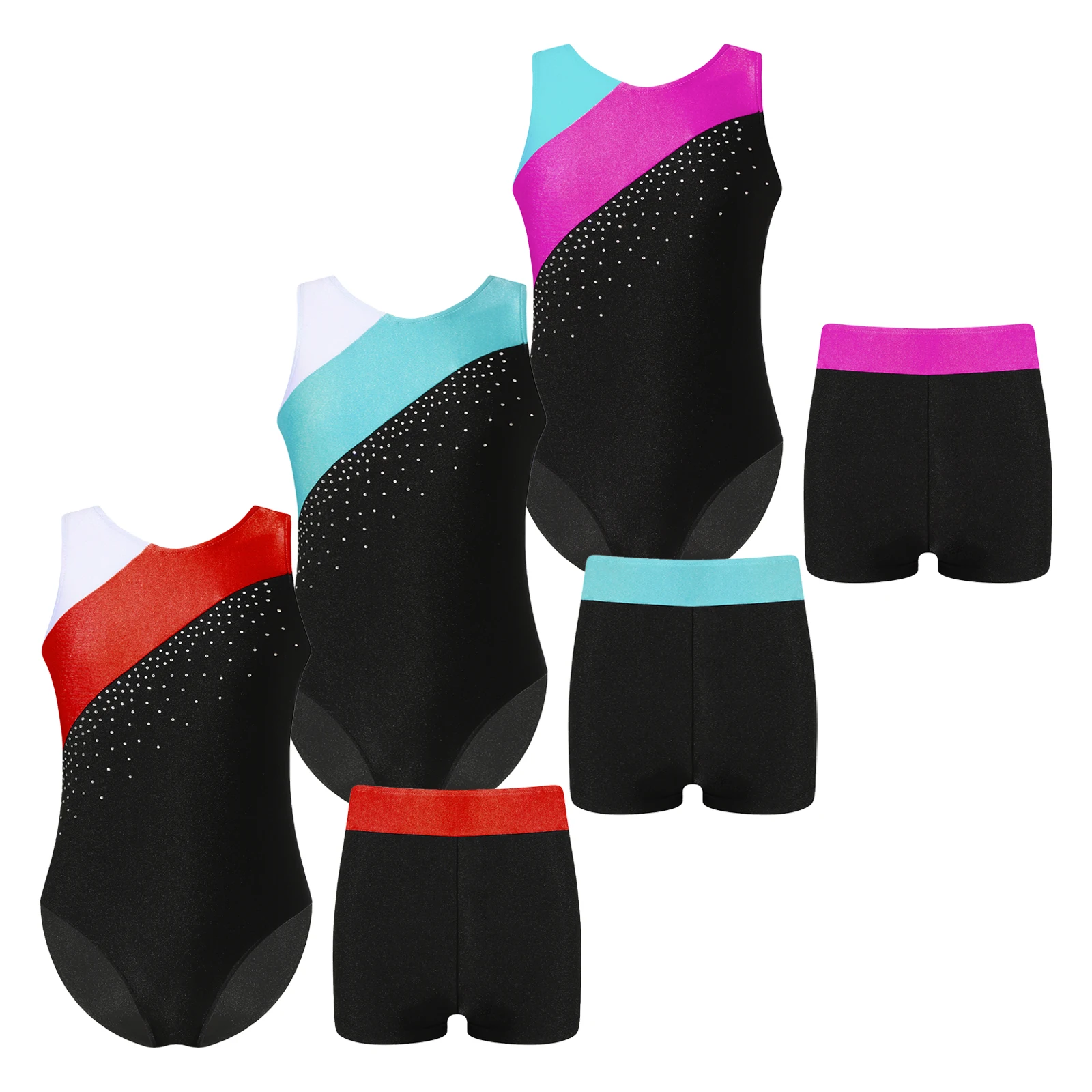 Kids Girls Gymnastics Jumpsuit Sleeveless Skating Leotards with Shorts Dance Clothes Set Teens Exercise Ballet Tutu Bodysuit children dance leotards,gymnastics dancewear sets,gymnastics unitard