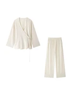 Women Fashion With Tied Loose Kimono Blouses And High Elastic Waist Side Pockets Pants Female Two Piece Sets Mujer - Image 5