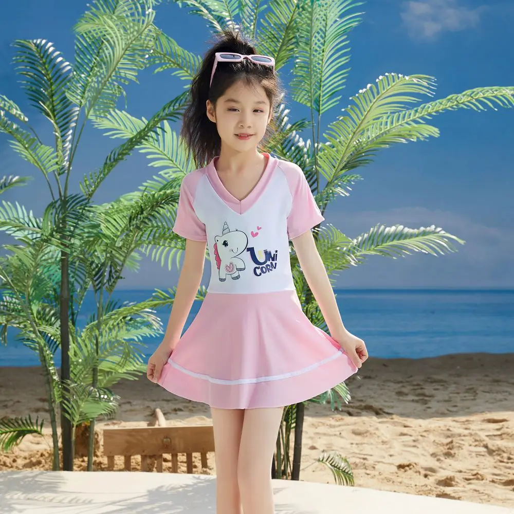 

New Children's Swimsuit Girls 14-20kg Baby One-piece Cartoon Unicorn Design Skirt Casual Hot Spring Girl Swimwear 5 6 7 8 Year