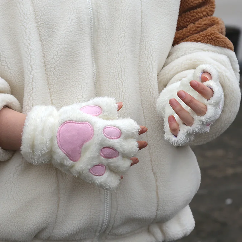 

Cartoon Cat Paw Gloves Winter Cute Girl Open Finger Gloves Women Plush Warm Mittens Thickened Fluffy Bear Paw Half Finger Gloves