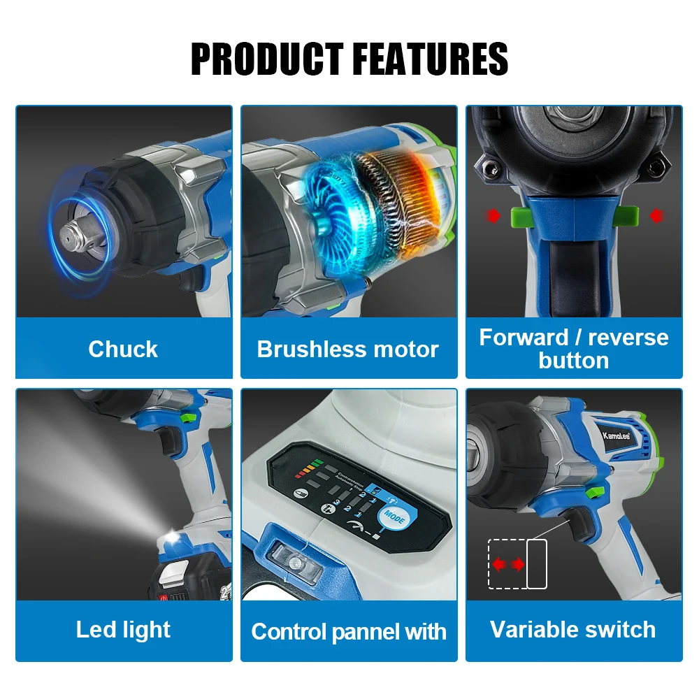 Kamolee 4100NM Brushless Electric Wrench 3/4 inch Cordless Impact Wrench Handheld Power Tool For Makita 18v Battery 5