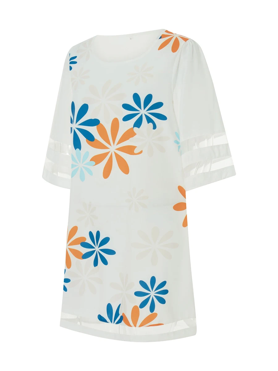 

Women s Floral Print Short Sundress Flare Half Sleeve Tank Dress Summer Casual Loose Fit Crew Neck Mesh Mini Dresses