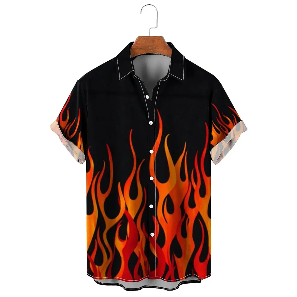 Men's shirt summer flame high-definition pattern 3D printing lapel button up shirt tiki series Hawaiian short sleeved shirt 5