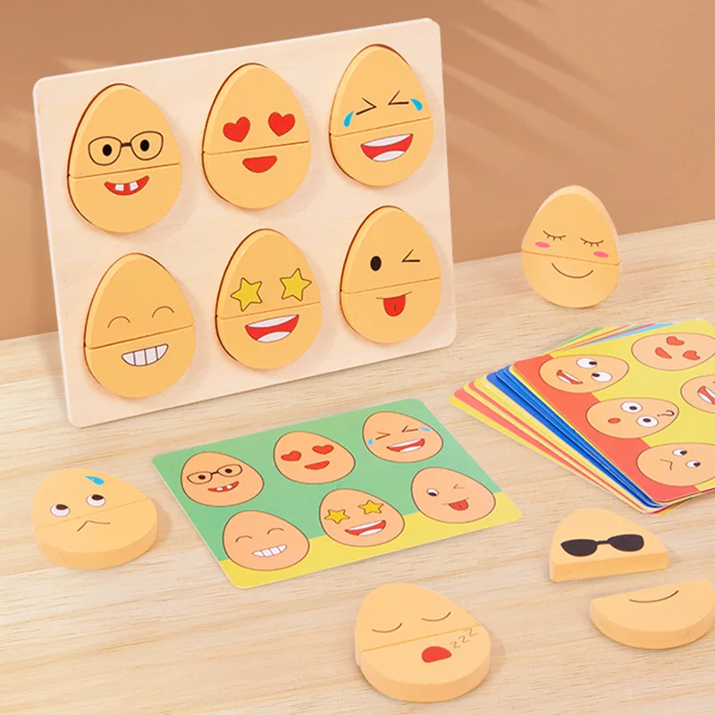 

Montessori Kids Toys Facial Expressions Puzzle Toys for Children Funny Wooden Egg Puzzle Board Games with Cards Educational Toys