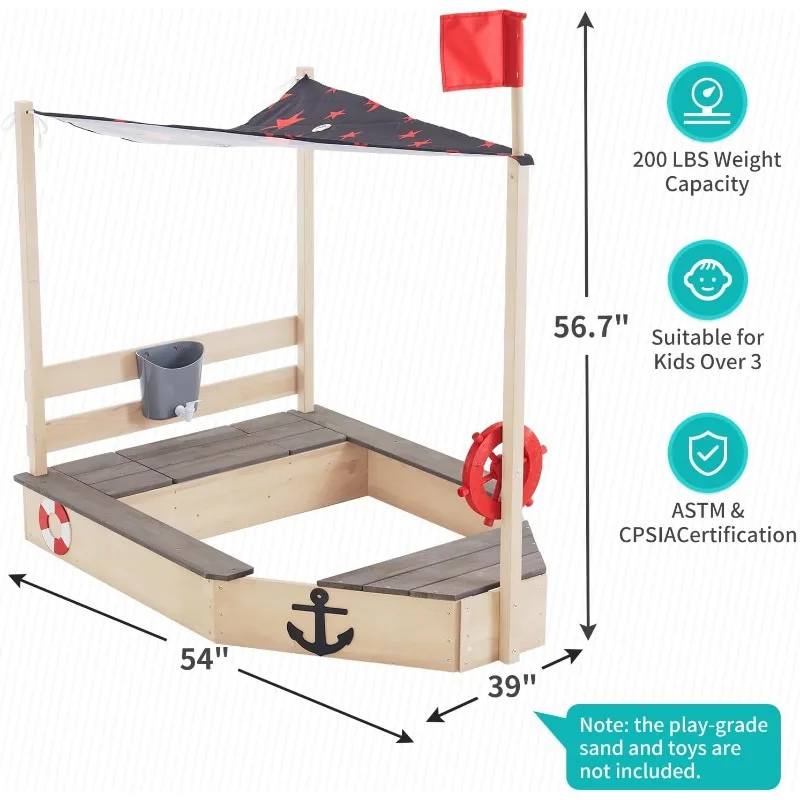 Sandbox with Cover Wooden Sandbox with Storage Bench Seat Sink Outdoor SandBox for Backyard Garden Sand Boxes Sandpit Light Wood 6