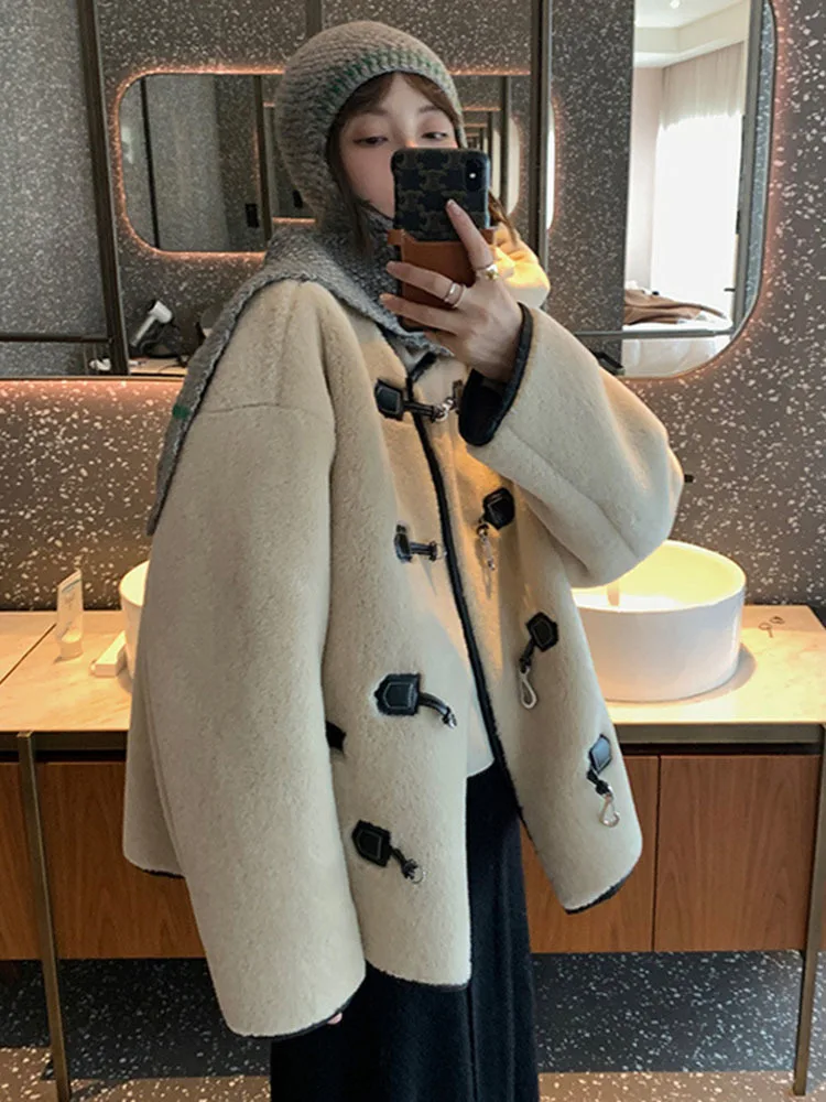 

Lamb Wool Coats Women Winter 2023 Sheep Shearling Jacket Autumn New Hook Button Young Casual Short Fur One Piece Overcoat