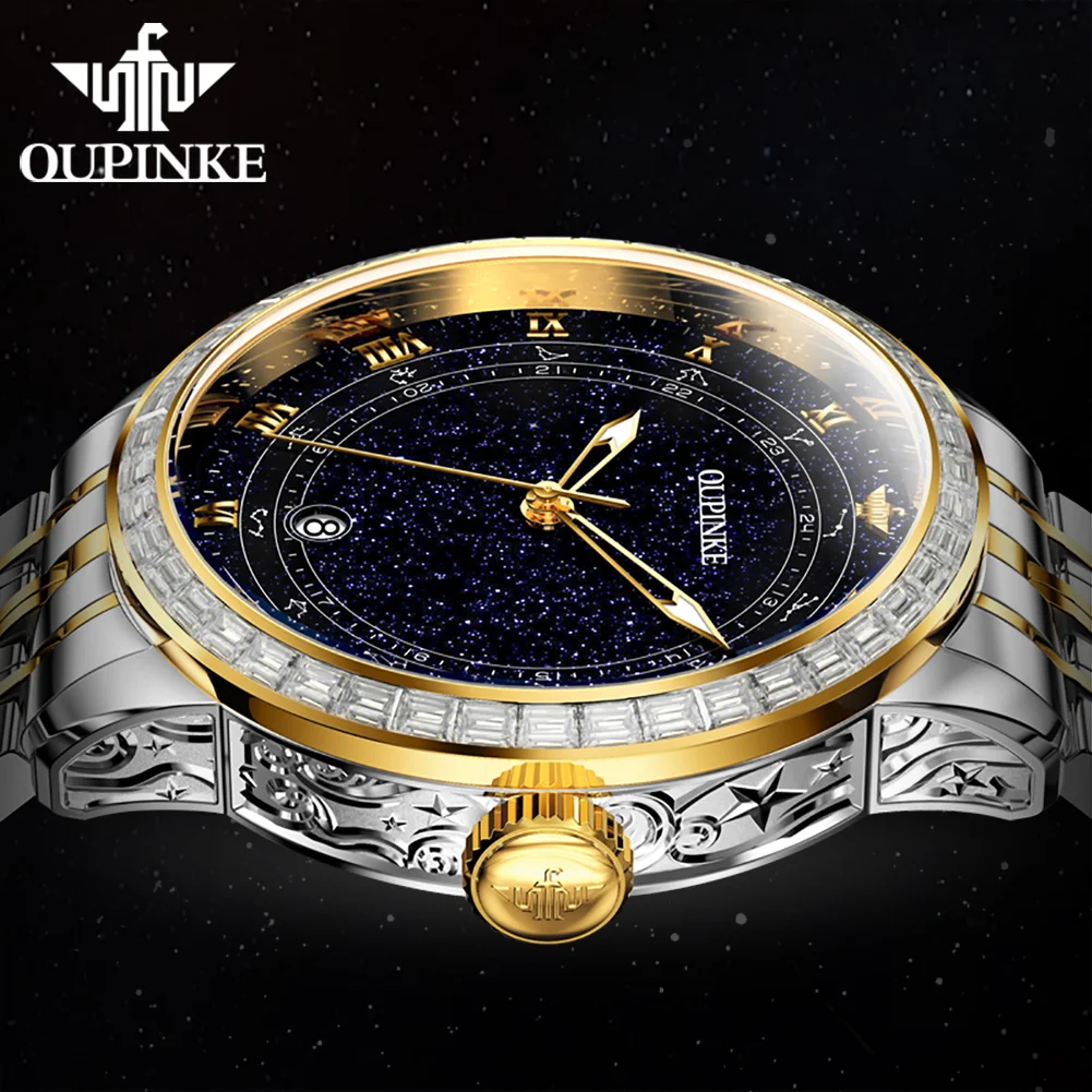 OUPINKE 3203 Automatic Watch For Men Starry Sky Roman Scale Original Men's Mechanical Wristwatch Waterproof Calendar Man Watches