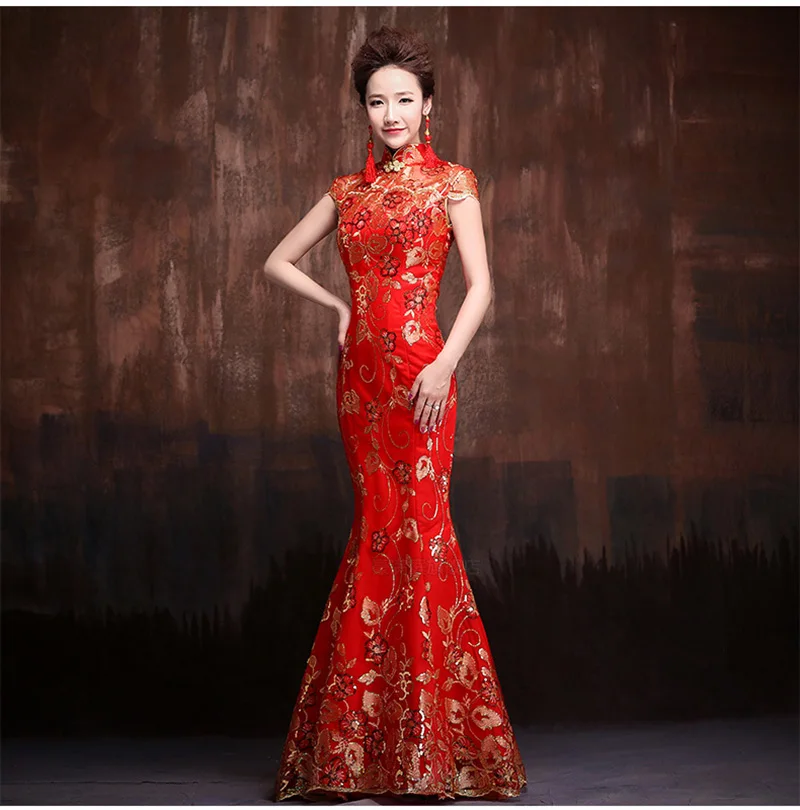 New Women Red Wedding Cheongsam Fishtail Dress Qipao Gold Embroidery Chinese Style Long Evening Dresses Party Costume