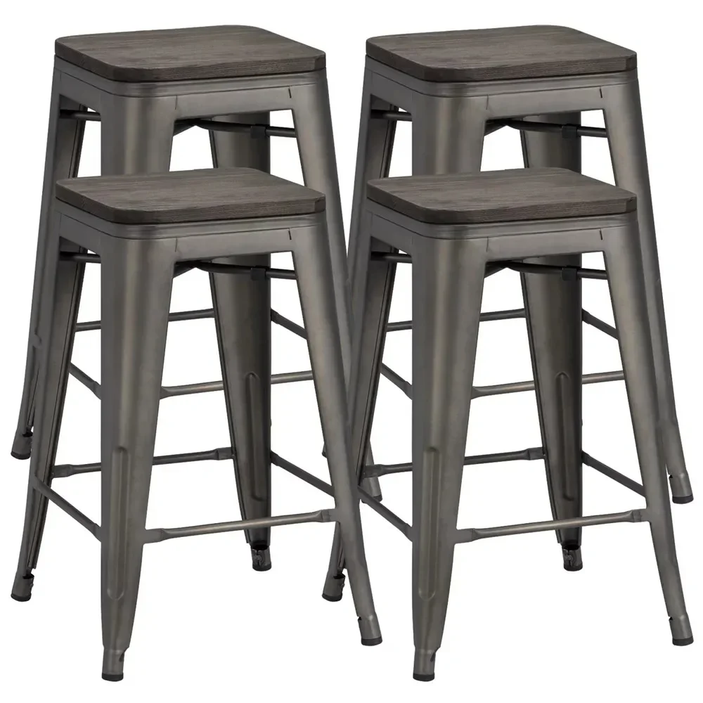 24 Metal Backless Counter Bar Stool With Wooden Seat Chaise De Bar Stools for Kitchen Set of 4 Gunmetal Chair Tabourets