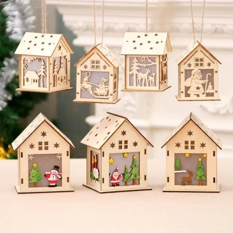 New Christmas Led Light Wood House Cute Christmas Tree Hanging Ornaments Holiday Decoration Home Decoration Accessories