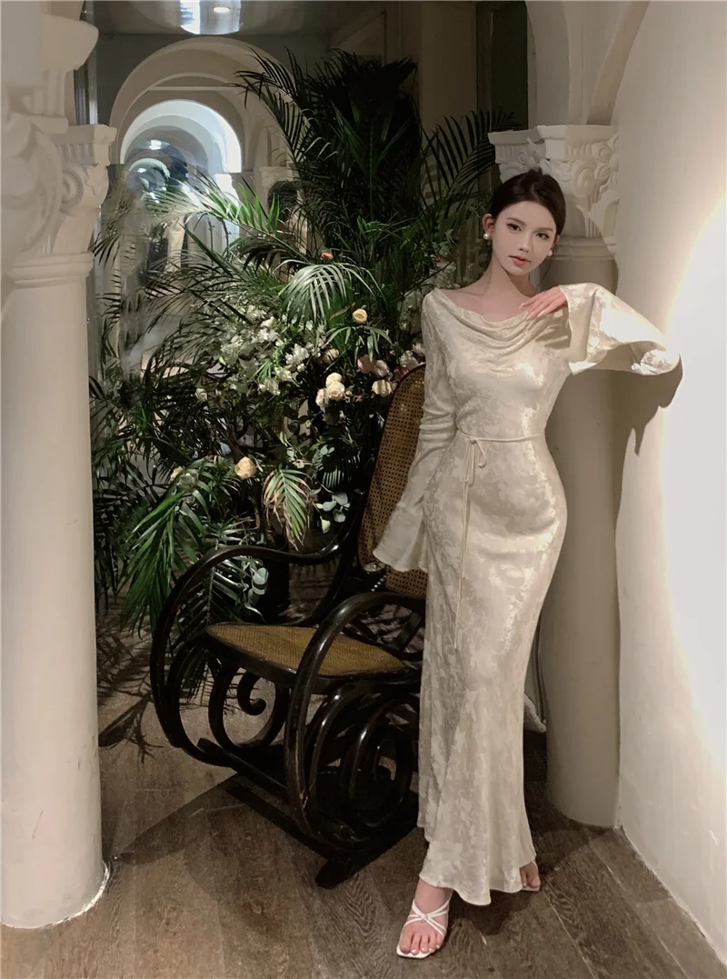 Autumn Bodycon Wedding Evening Dresses for Women Flare Sleeve Swinging Collar French Vintage Prom Robe Midi Vestidos Mujer New